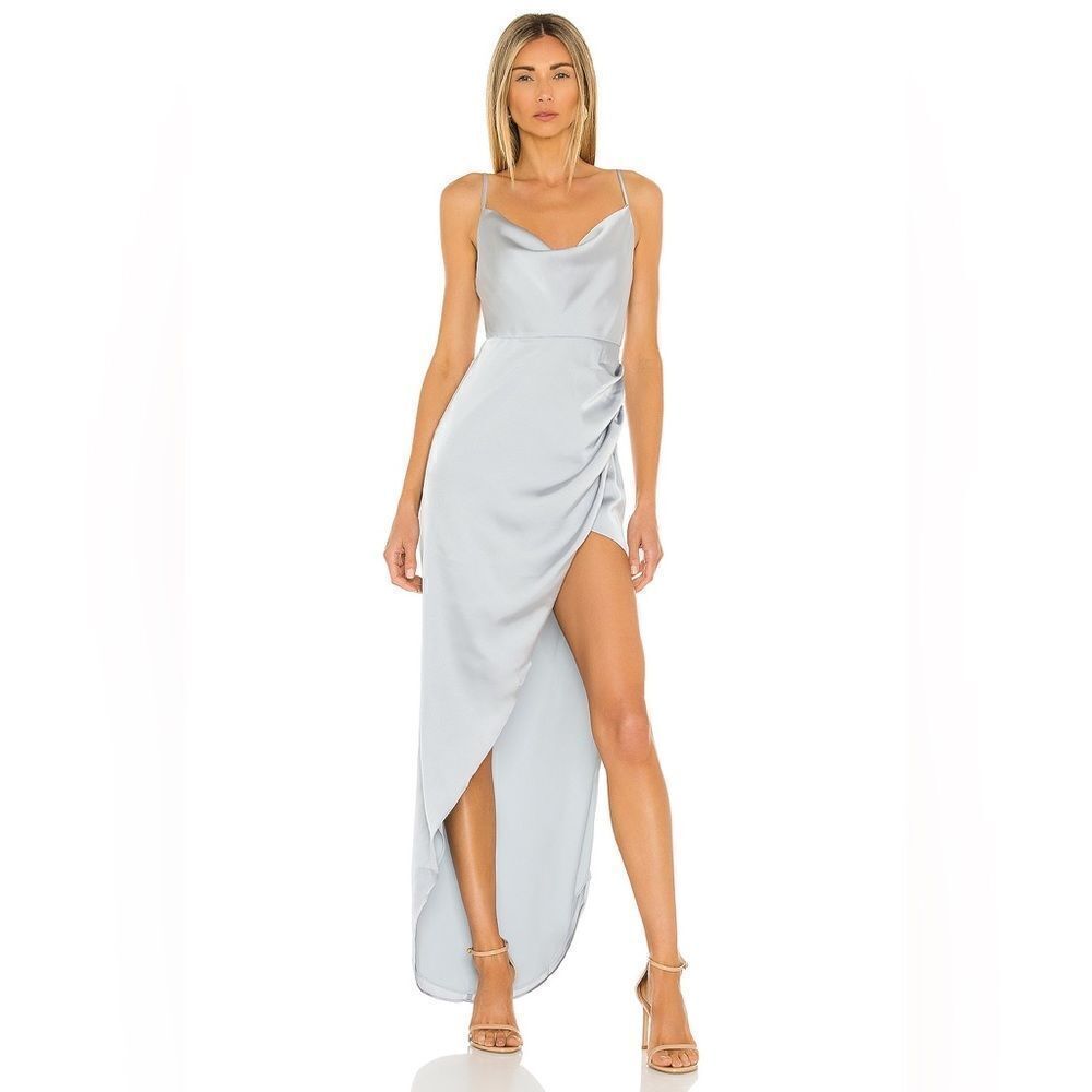 NBD Shelby Gown Draped Neckline Silky Asymmetric Hem in Icy Blue REVOLVE Small